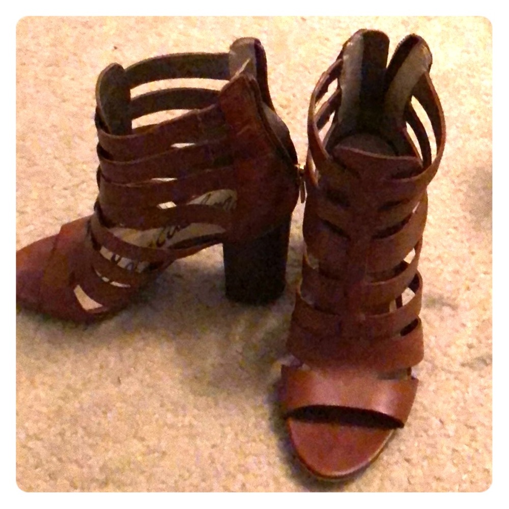 Sam Edelman cognac brown/tan thick srappy heels